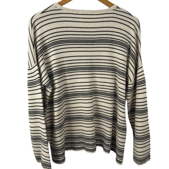 Eileen Fisher Boxy Fit Oversized 100% Organic Cotton Striped Sweater Ivory Black - Picture 12 of 16